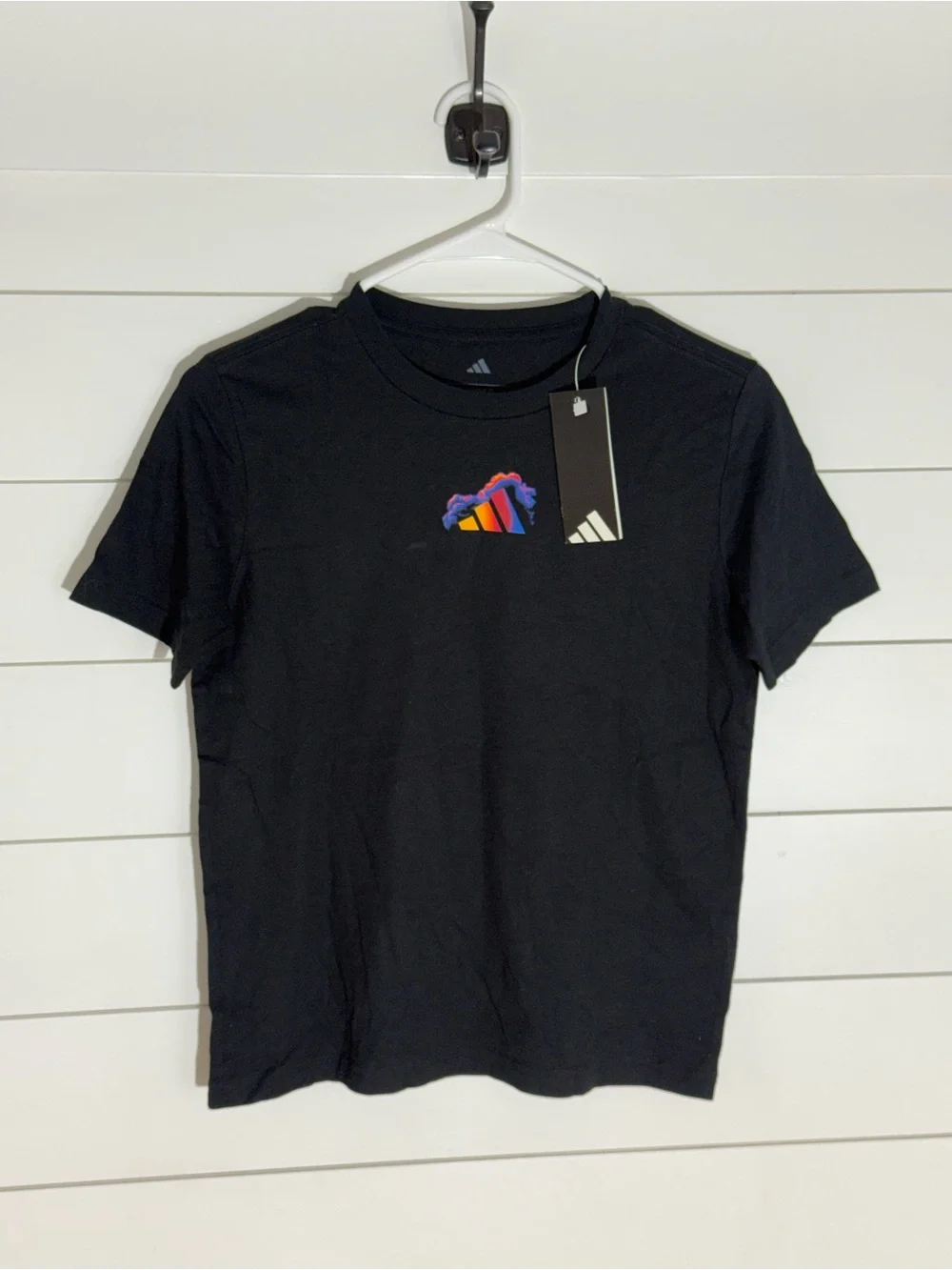 adidas Black Short Sleeve Tee with Small Multicolor Chest Graphic